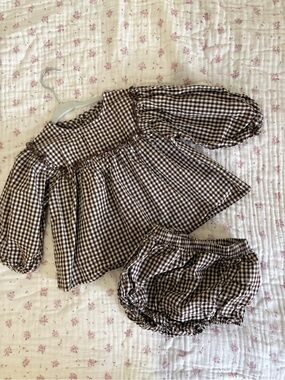 Brown Gingham Baby Dress & Bloomers Set